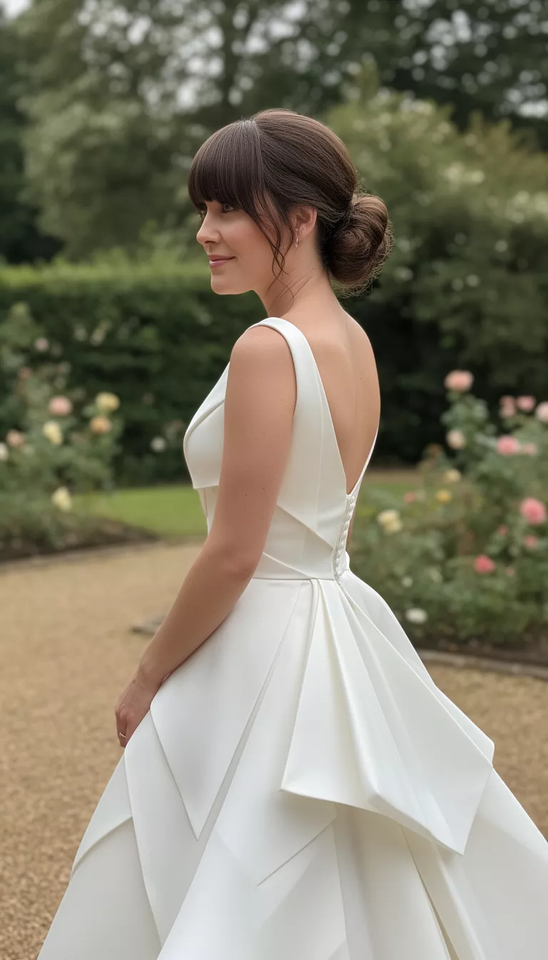 casual photo of a 35-year-old bride wearing an architectural modern wedding dress with a Low Chignon with Asymmetrical Bangs, side view, shot with an iPhone 15 Pro Max