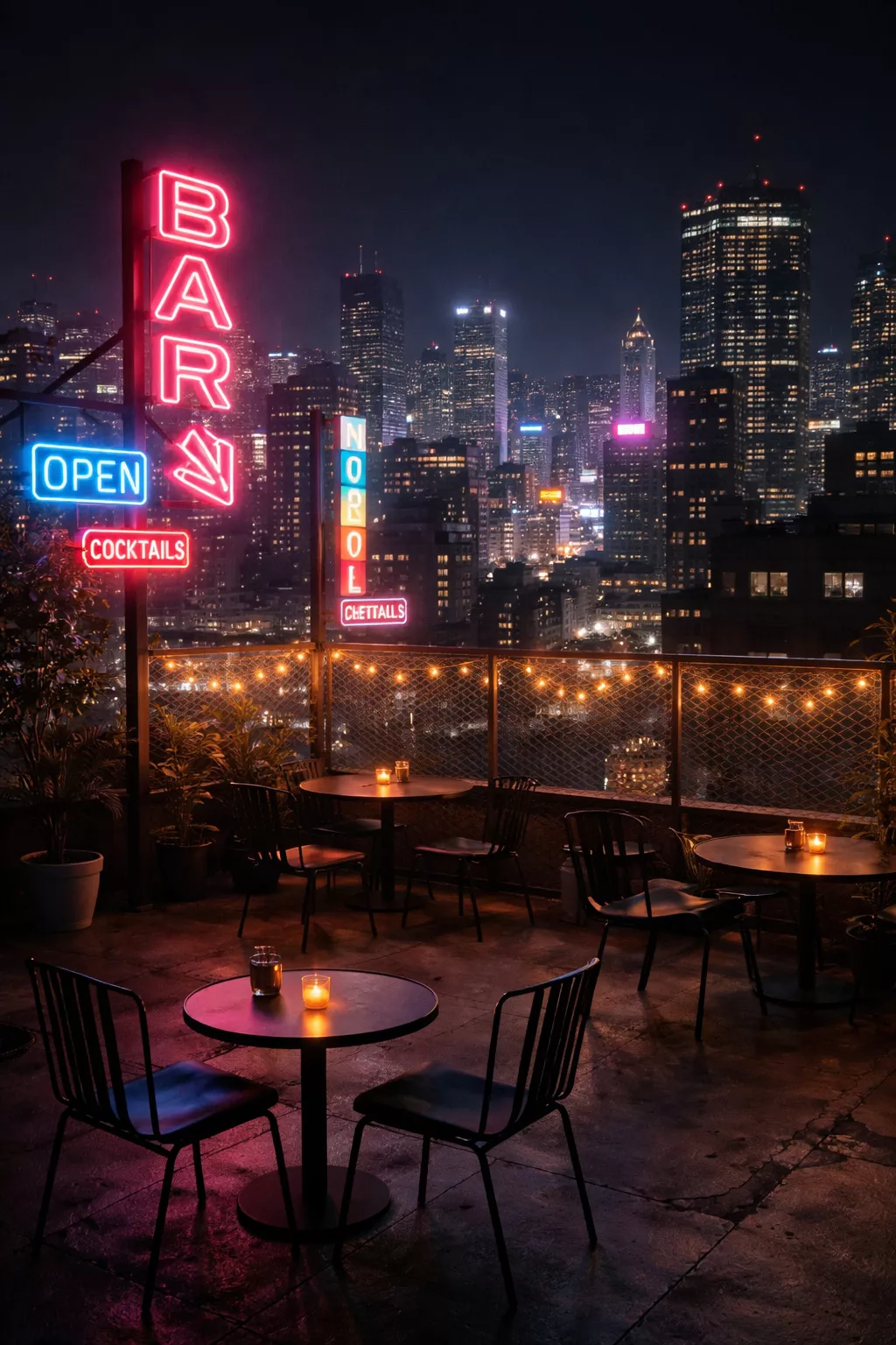 Rooftop Overlook Vows A realistic photo of an urban rooftop at night overlooking city lights featuring glowing neon signs and minimalist black metal chairs.