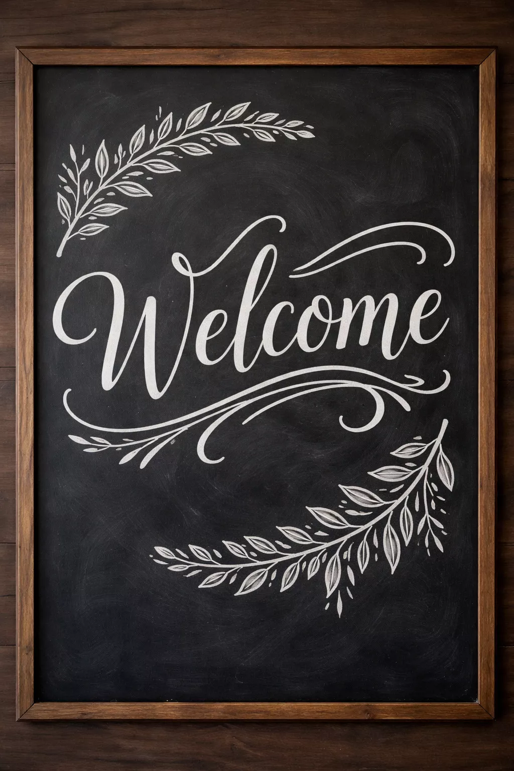 A realistic photo of a large black chalkboard sign in a dark wood frame, featuring white hand-lettered welcome text and decorative leafy flourishes.