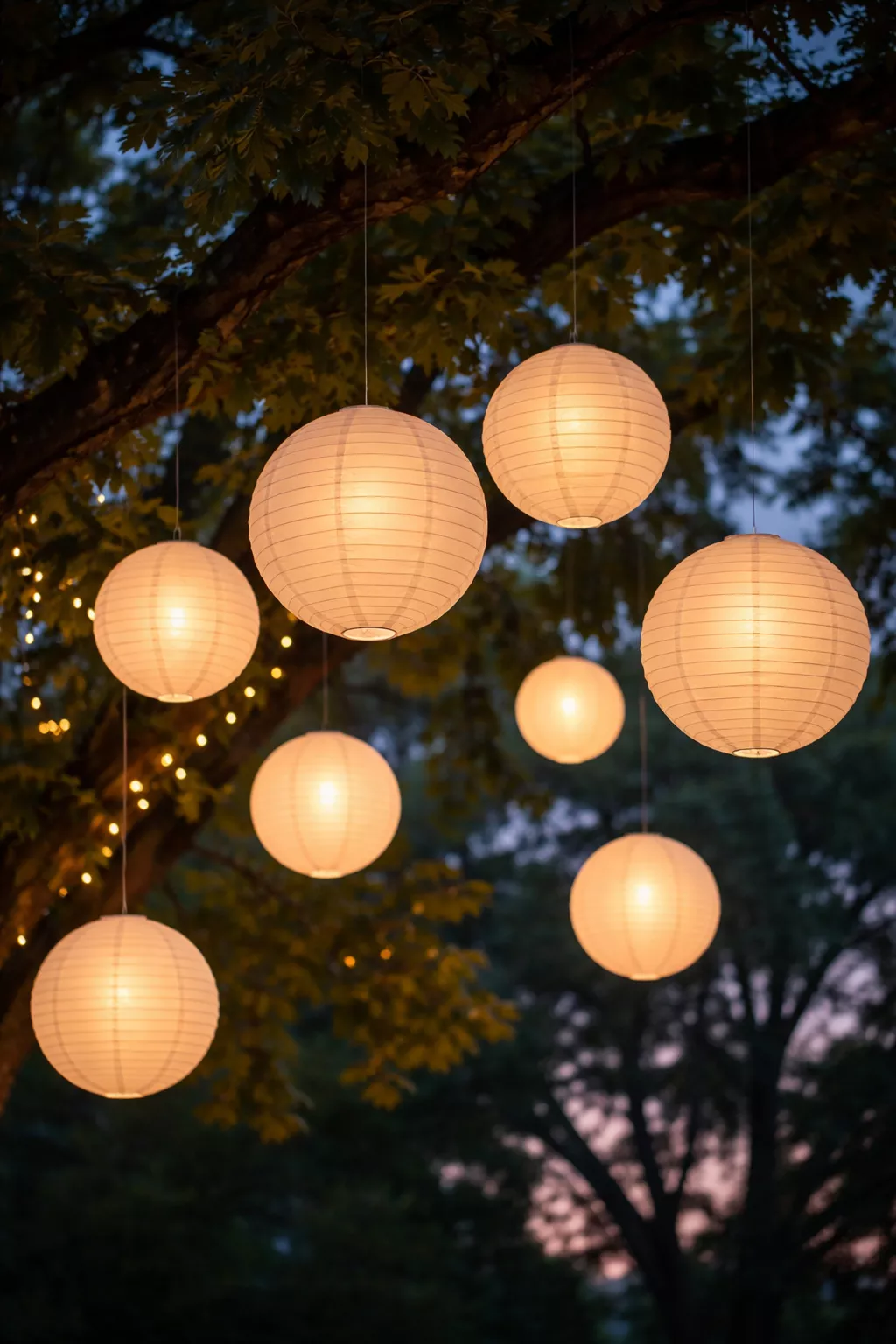 Hanging Paper Lanterns A realistic photo of several round white paper lanterns of varying sizes hanging from tree branches with invisible fishing line, illuminated from within by battery-operated LED lights at dusk.