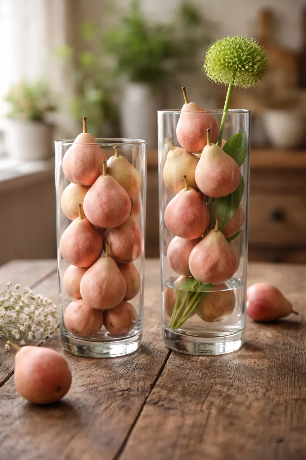 A realistic photo of tall clear glass vases filled with soft pink pears and a single green flower stem on a rustic wooden table.