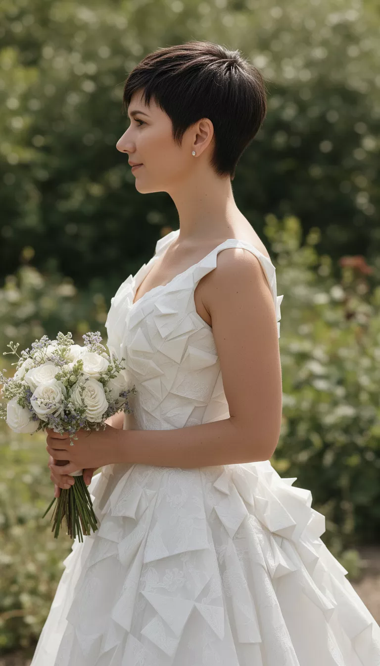 casual photo of a 35-year-old bride wearing a modern sculptural wedding dress with a texturized pixie cut, profile view, shot with an iPhone 15 Pro Max