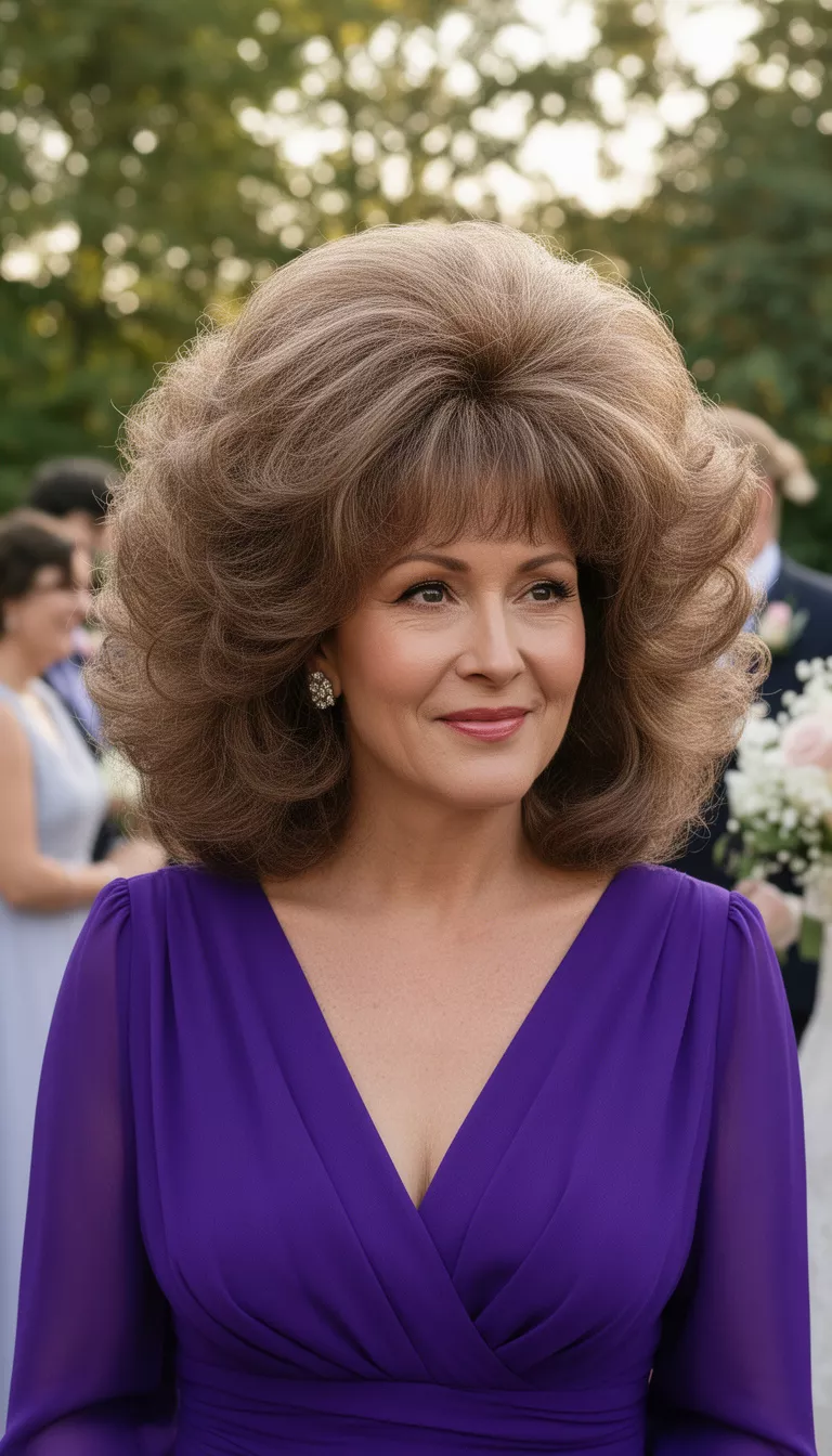 close-up casual photo of a 44-year-old wedding guest wearing a royal purple dress with a voluminous 70s blowout, shot with an iPhone 15 Pro Max