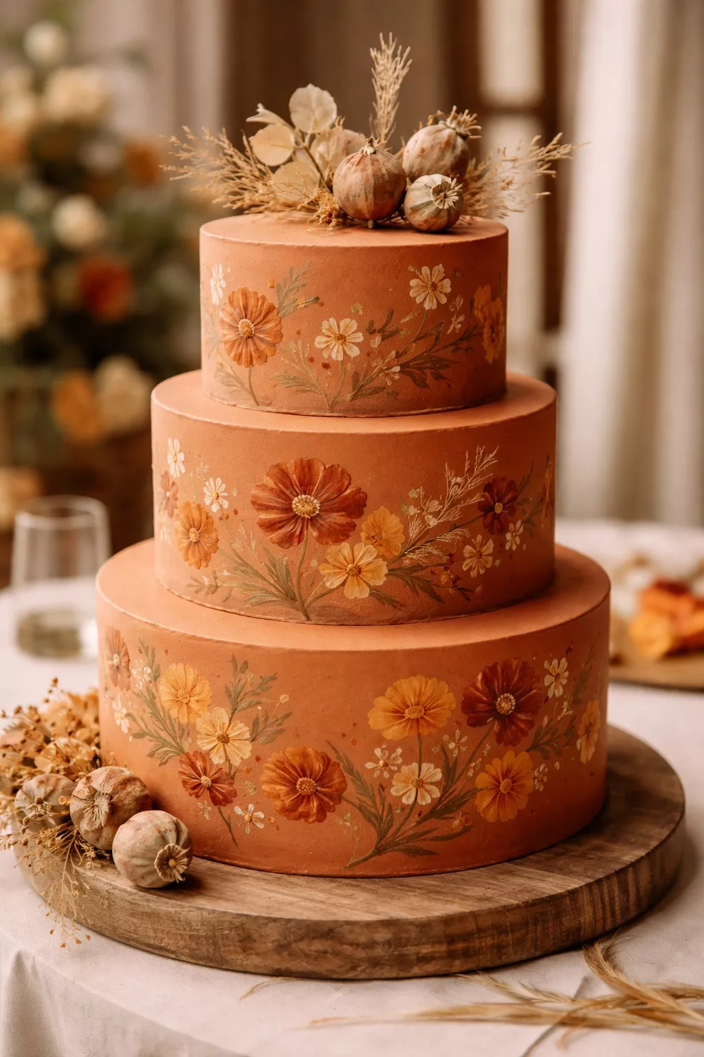 Terracotta Floral Cake A realistic photo of a terracotta-colored three-tiered wedding cake with painted floral motifs in burnt orange and mustard yellow, accessorized with a few dried seed pods.