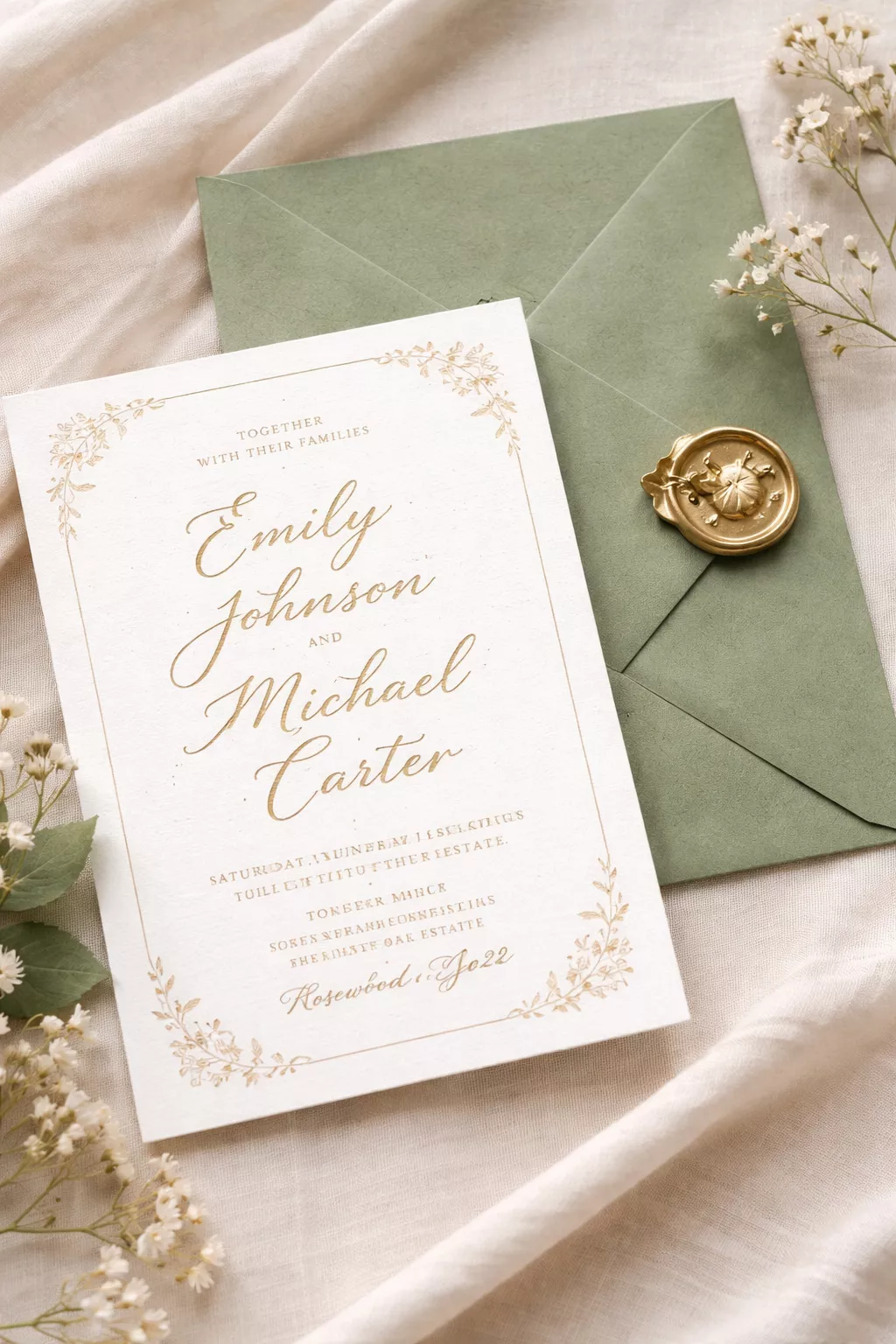 Custom Invitation Suites A realistic photo of a thick white paper wedding invitation suite with gold embossed lettering, a sage green envelope, and a gold wax seal with a dried flower.