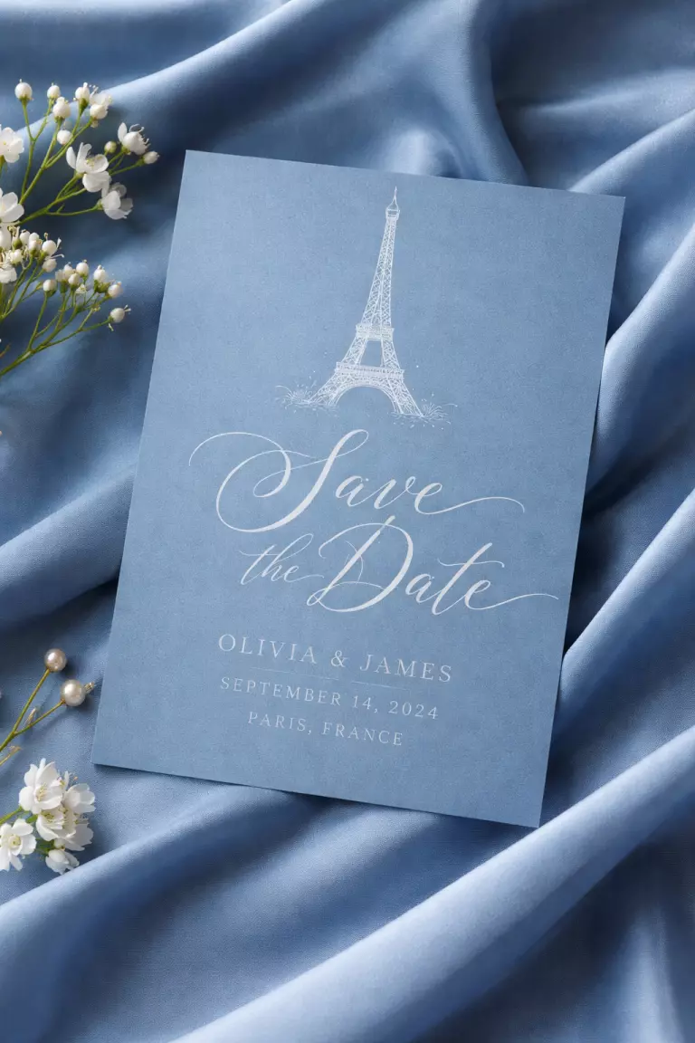 French Blue Save-the-Dates A realistic photo of a French blue postcard save-the-date card with a simple Eiffel Tower sketch and elegant white calligraphy, laying on a blue silk cloth.