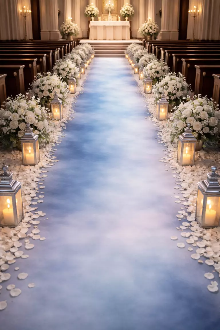 Blue Aura Aisle Runners A realistic photo of a misty blue aura fabric aisle runner in a church, lined with white rose petals and silver lanterns with glowing candles inside.