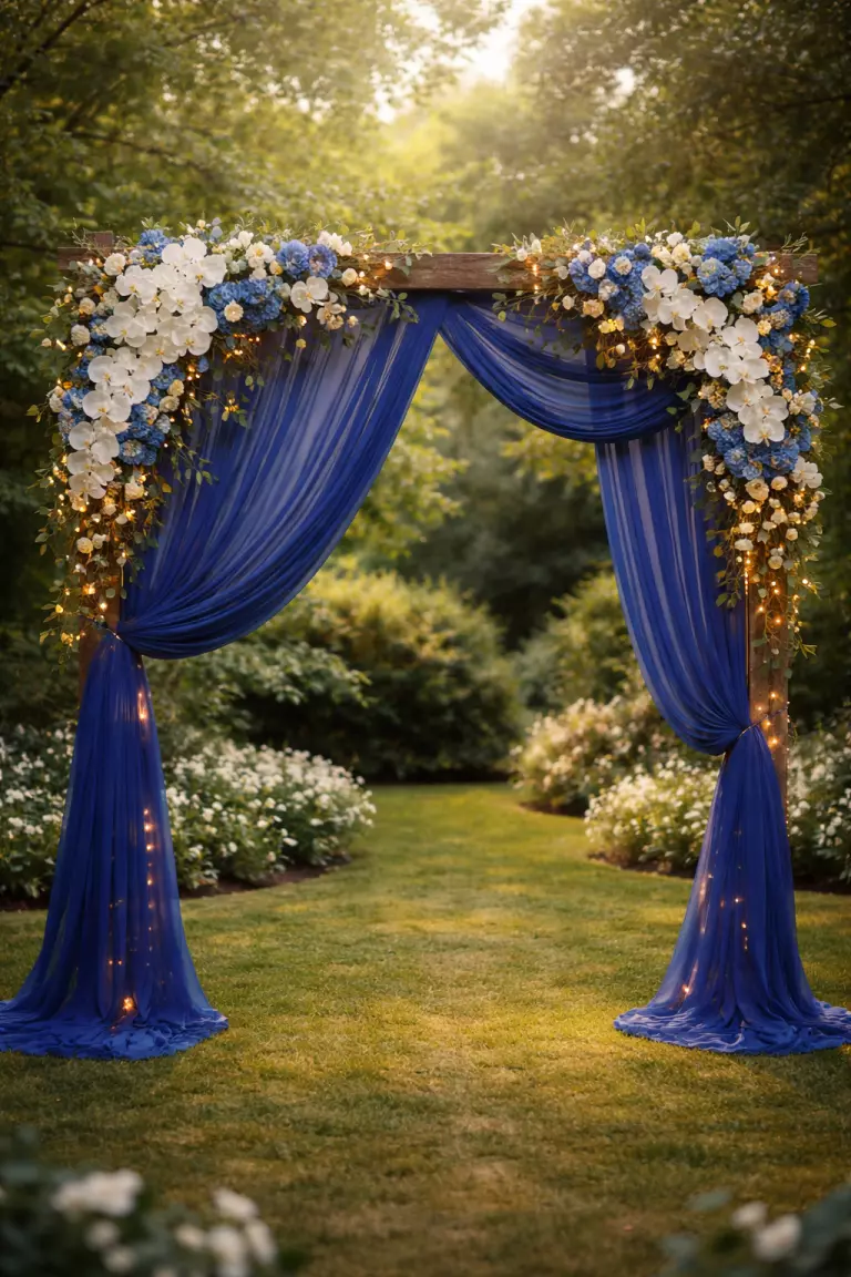 Royal Blue Ceremony Arches A realistic photo of a large wooden ceremony arch draped in royal blue chiffon fabric, adorned with white orchids, blue hydrangeas, and tiny warm fairy lights against a garden background.