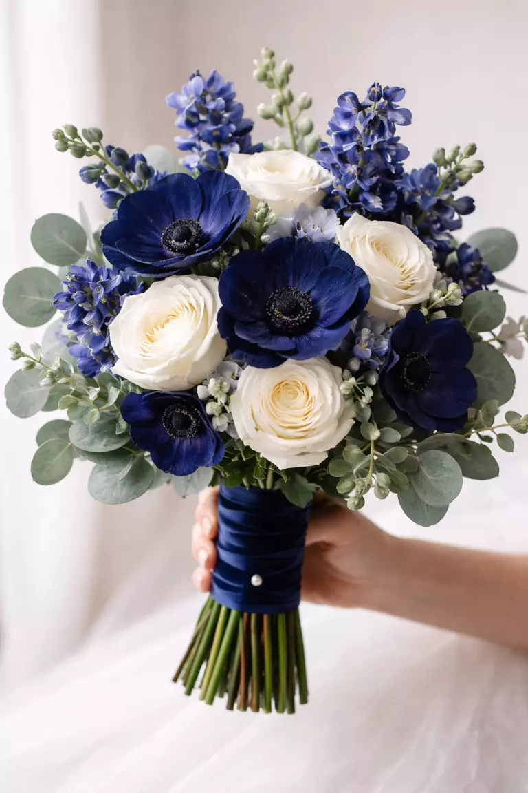 Navy Blue Bridal Bouquets A realistic photo of a hand-tied bridal bouquet featuring navy blue anemones, white roses, silver eucalyptus leaves, and dark blue delphiniums, wrapped tightly with a thick navy velvet ribbon.