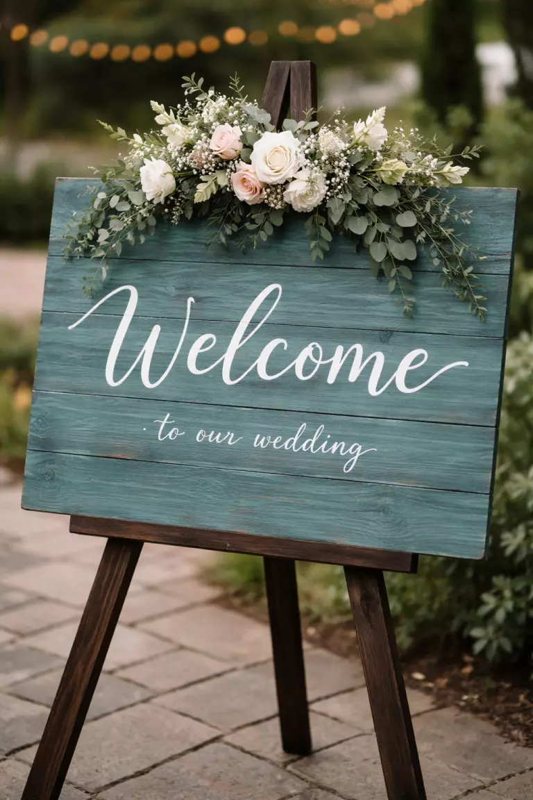 Ocean Teal Welcome Signs A realistic photo of an ocean teal welcome sign made of wood with white painted letters, resting on a dark wood easel with a small floral arrangement at the top.