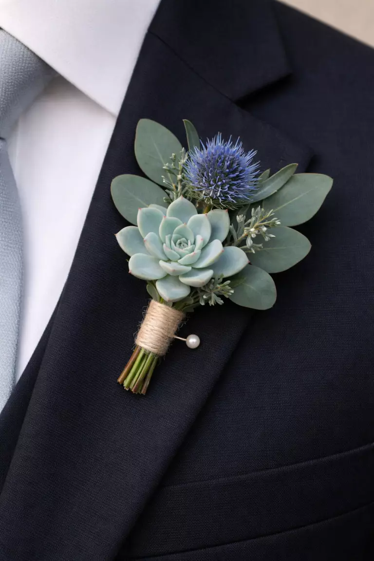 Powder Blue Groom's Boutonnieres A realistic photo of a powder blue boutonniere made of a small blue thistle, an echeveria succulent, and eucalyptus leaves pinned to a dark navy suit lapel.
