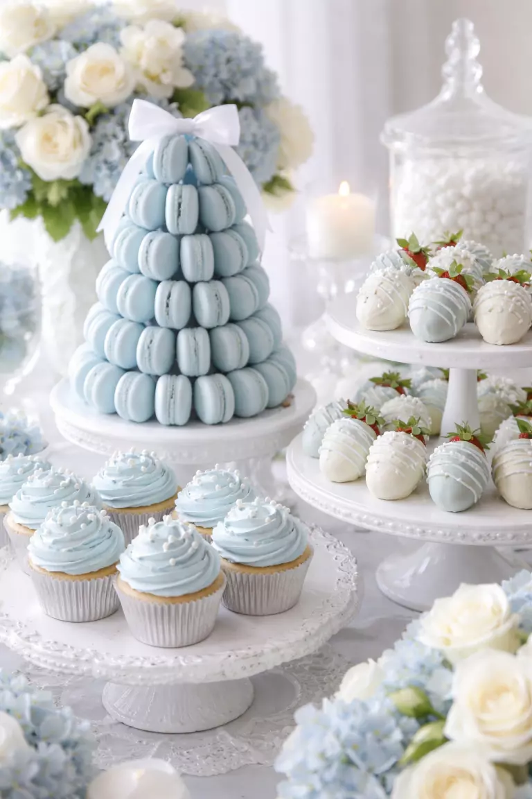 Powder Blue Dessert Tables A realistic photo of a dessert table with powder blue cupcakes, a large blue macaron tower, and white chocolate dipped strawberries on tiered white stands.