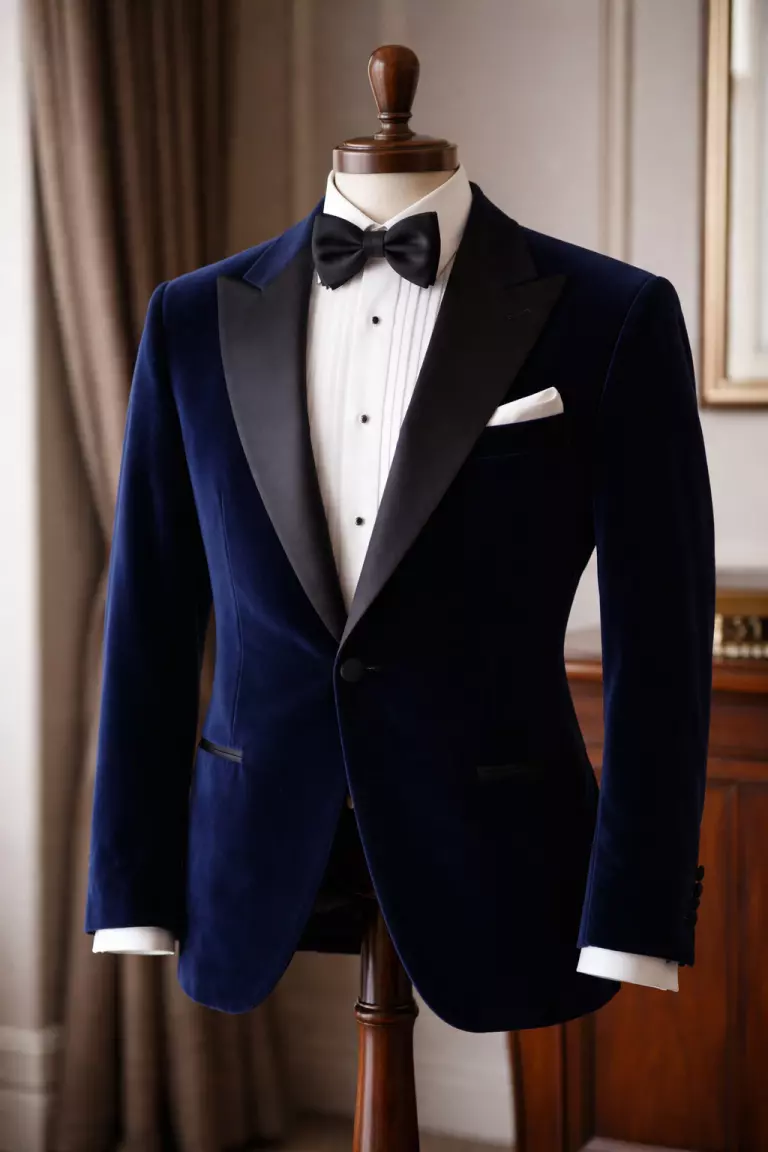 Midnight Blue Tuxedos A realistic photo of a midnight blue velvet tuxedo jacket with black satin lapels, a black bow tie, and a white pocket square, displayed on a wooden valet stand.