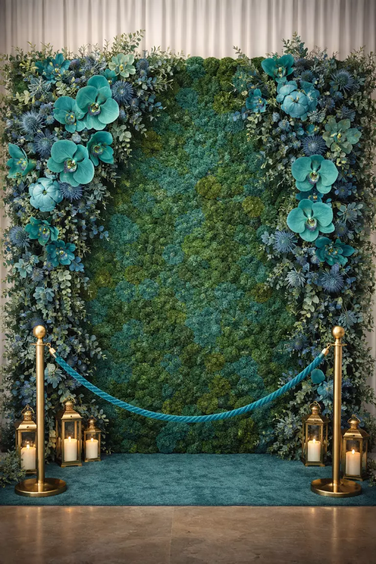 Teal Blue Floral Walls A realistic photo of a large teal blue floral wall made of preserved moss, blue thistles, and teal orchids, serving as a backdrop for a photo booth area.