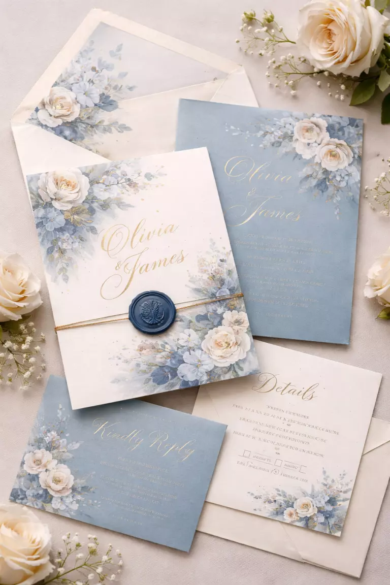 Dusty Blue Invitation Suites A realistic photo of a sophisticated dusty blue wedding invitation suite laying on a flat surface, featuring gold foil accents, soft watercolor floral motifs, a navy wax seal, and delicate cream envelopes with letterpress printing.