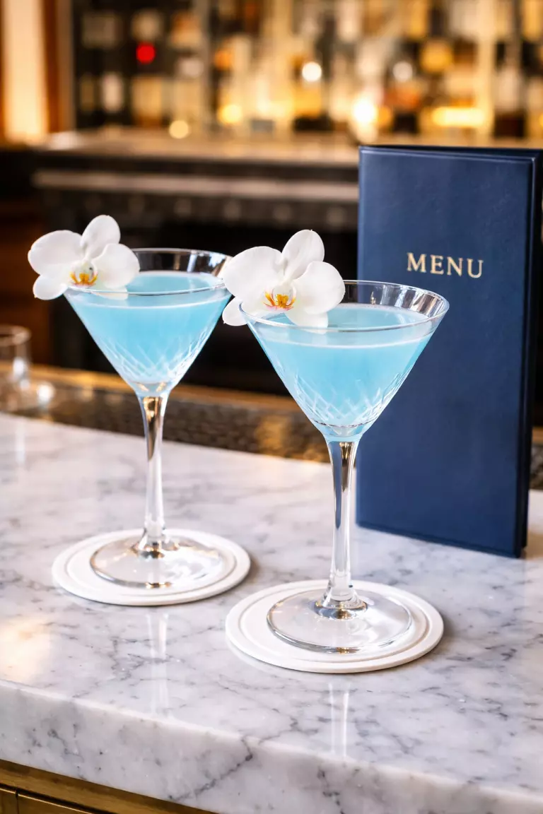 Sky Blue Signature Cocktails A realistic photo of two sky blue cocktails in etched martini glasses, garnished with a single white orchid, sitting on a marble bar top with a blue menu sign.