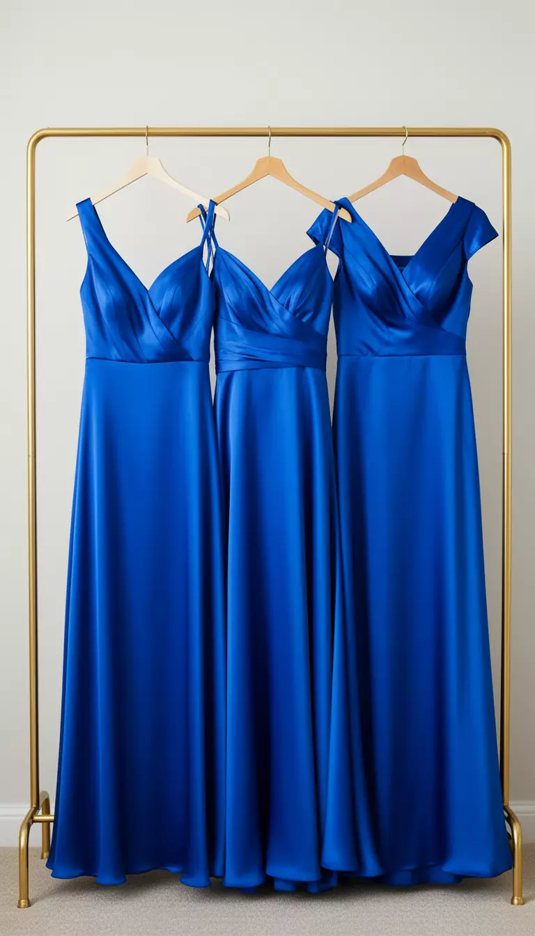 Cobalt Blue Bridesmaid Dresses A realistic photo of three cobalt blue satin bridesmaid dresses in different silhouettes hanging on a gold clothing rack, highlighting the vibrant blue fabric and shimmering texture.