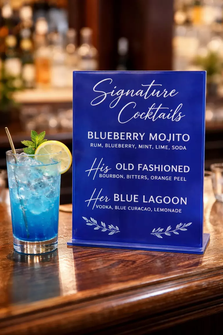 Cobalt Blue Bar Signage A realistic photo of a cobalt blue acrylic bar sign with white modern font listing wedding cocktails, standing on a wooden bar top next to a glass of blue drink.