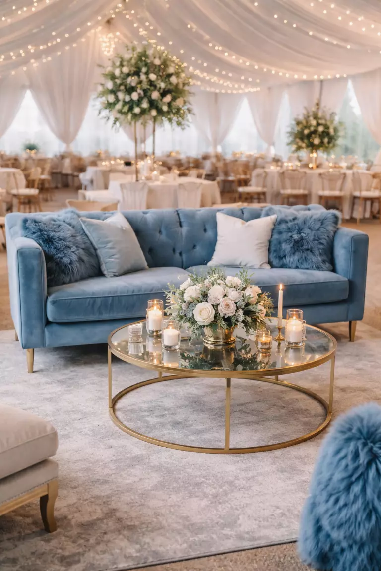 Dusty Blue Lounge Areas A realistic photo of a wedding reception lounge area with a dusty blue velvet sofa, blue faux fur pillows, a gold coffee table, and a grey area rug.