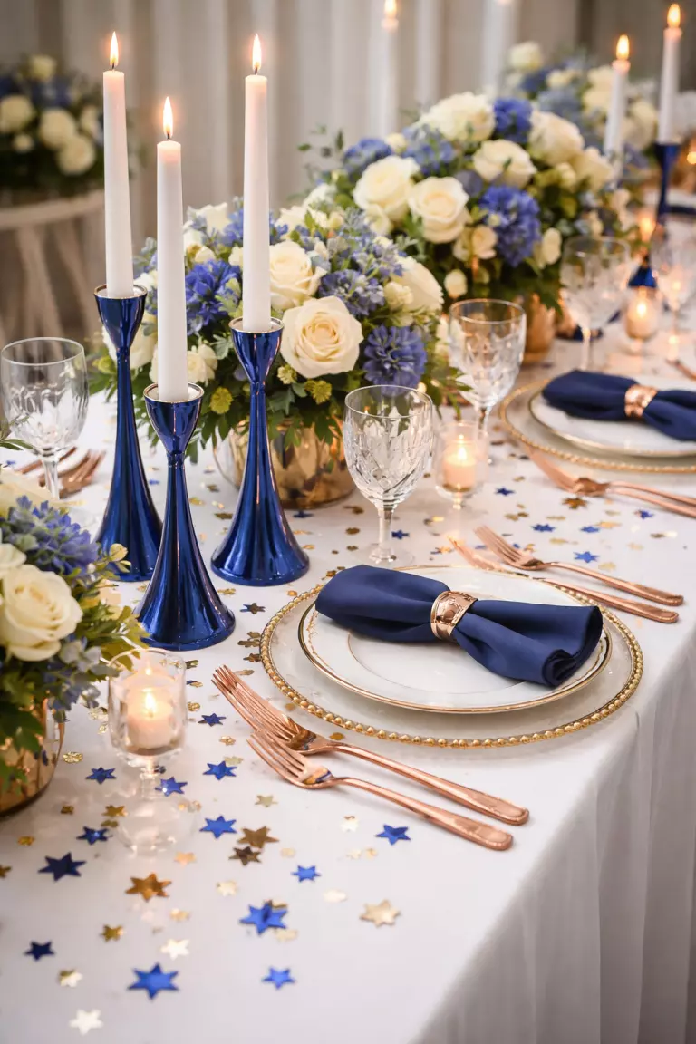 Metallic Royal Blue Accents A realistic photo of a wedding table featuring metallic royal blue candle holders, rose gold flatware, and royal blue and gold star-shaped confetti scattered on the cloth.