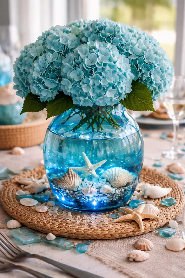 Ocean Blue Centerpieces A realistic photo of a table centerpiece featuring an ocean blue glass vase filled with teal hydrangeas and seashells, with small blue LED lights submerged in water at the bottom.