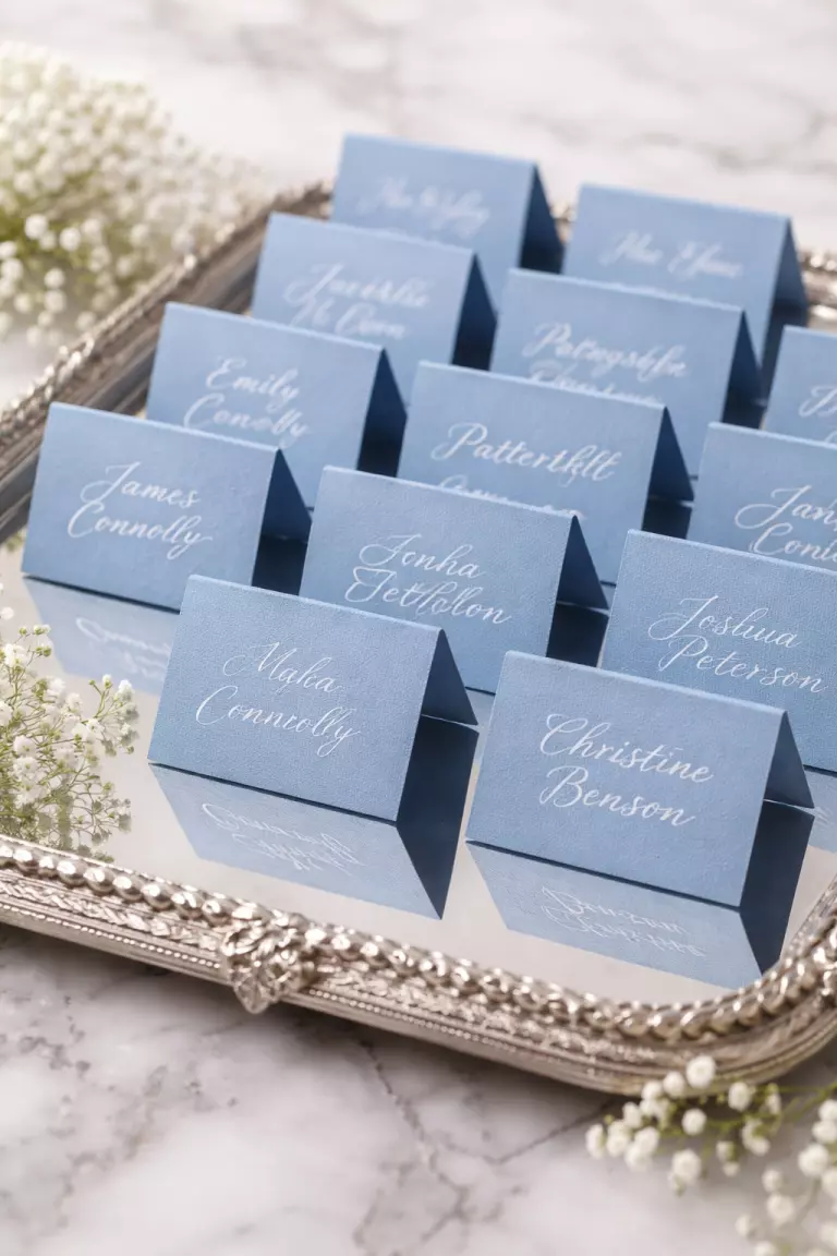 Cornflower Blue Escort Cards A realistic photo of cornflower blue tented escrow cards with white calligraphy, arranged neatly on a large mirrored tray.