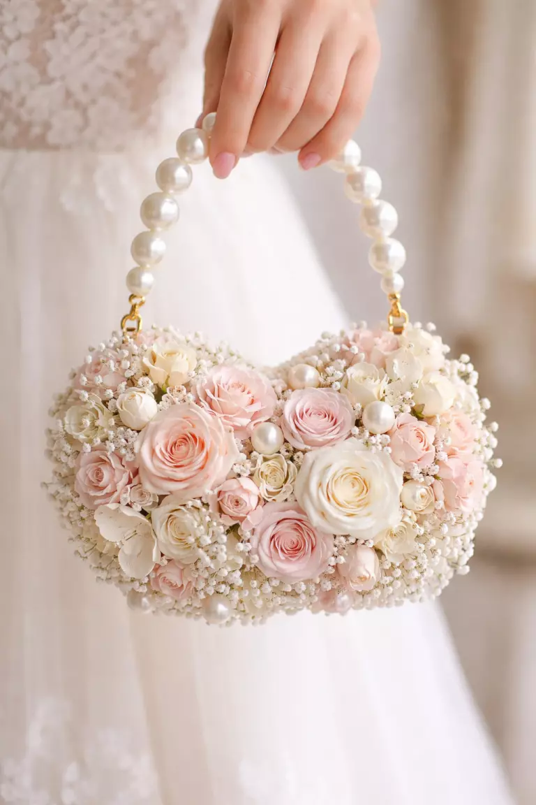 A realistic photo of a floral arrangement designed as a small purse with a pearl handle, featuring small roses and botanical molds, a fashionable bridal accessory held like a handbag.