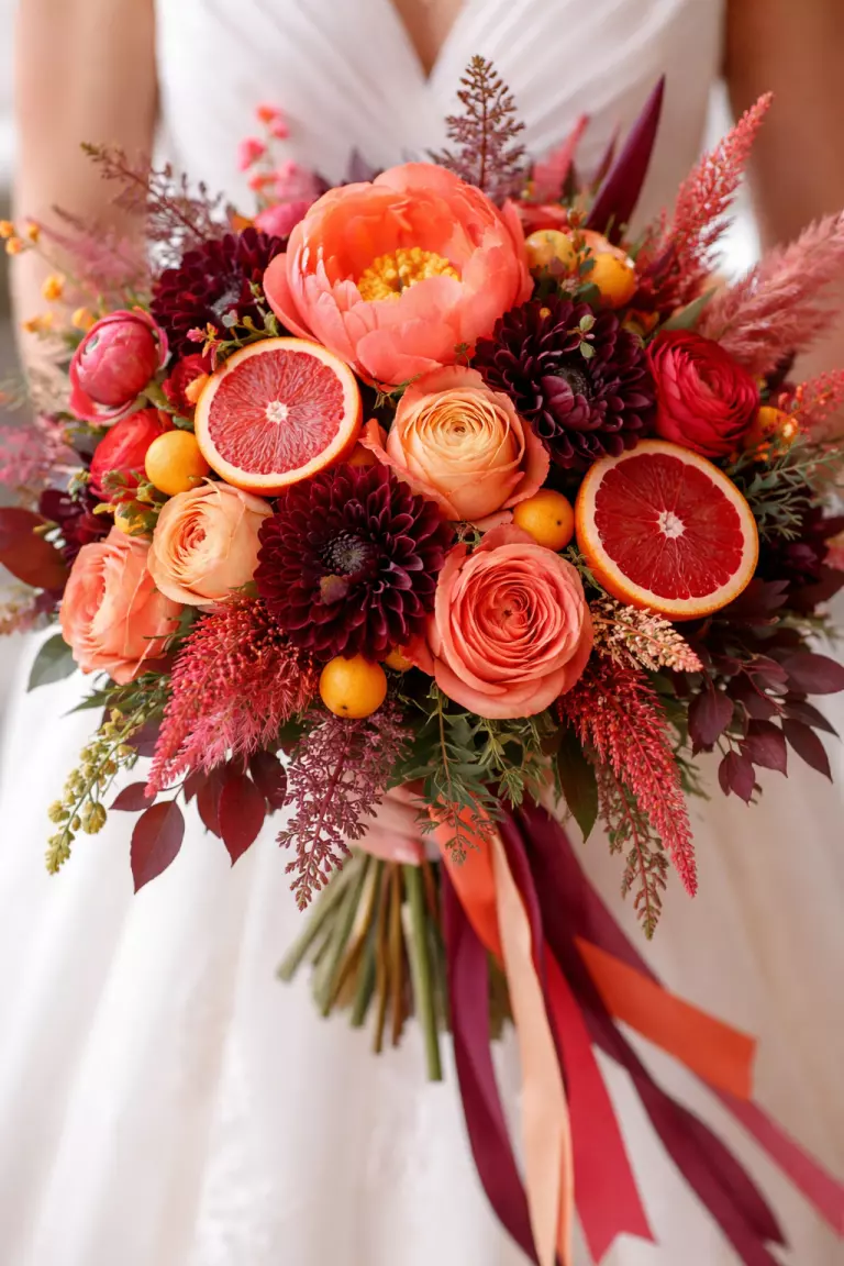 A realistic photo of a vibrant wedding bouquet with citrus coral flowers and dark oxblood accents, energetic and colorful, modern artistic floral arrangement.