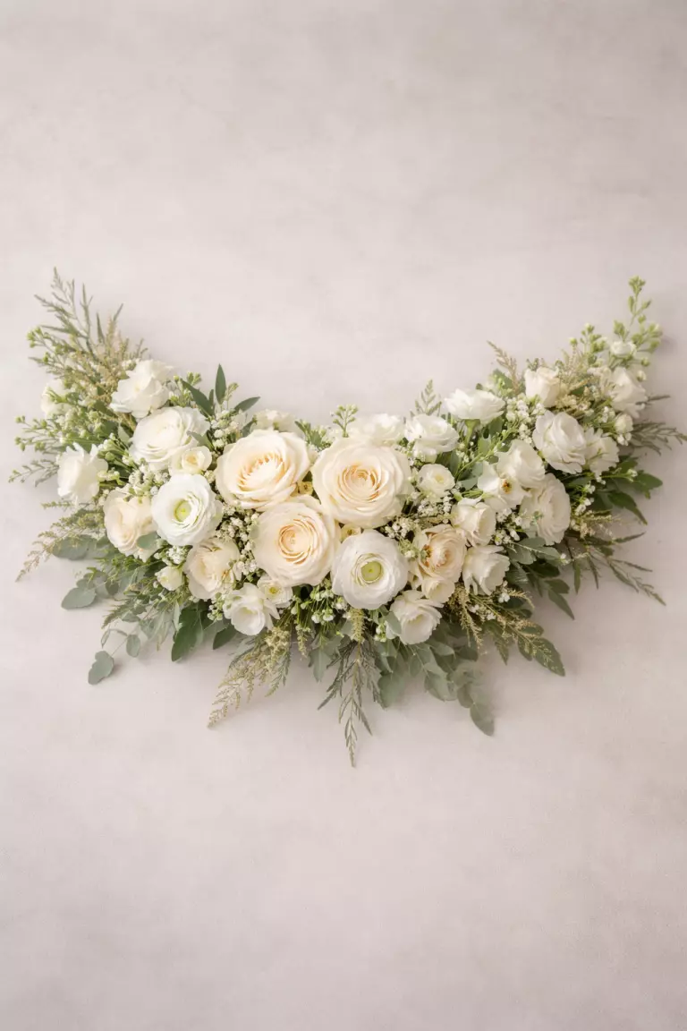 A realistic photo of a crescent shaped wedding bouquet, wider in the middle and tapering at the ends, filled with cream flowers and soft greenery, balanced design.