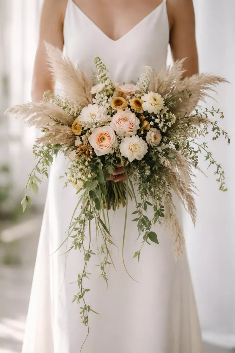 A realistic photo of an imbalanced bridal bouquet with pampas grass, local seasonal blooms, and long vines, creating an artistic irregular shape, held against a modern minimalist wedding dress, natural daylight.