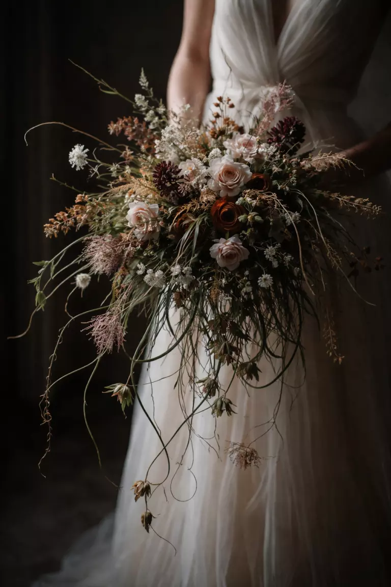 A realistic photo of a wedding bouquet featuring long twisting vines and sprawling wildflowers, rebellious and asymmetric, naturally messy and beautiful, dark moody lighting.