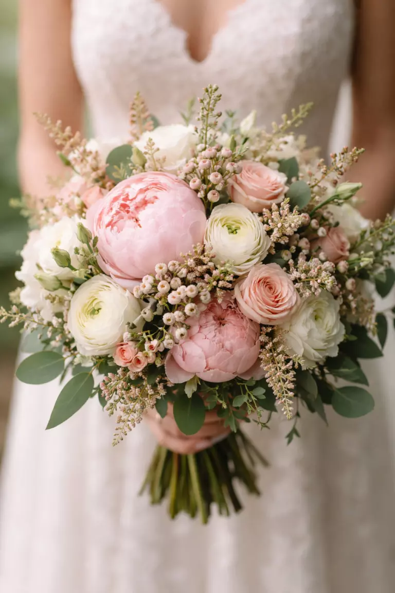 A realistic photo of a wedding bouquet with various sizes of flowers including large peonies and tiny wax flowers, architectural and lush, different shapes and textures.