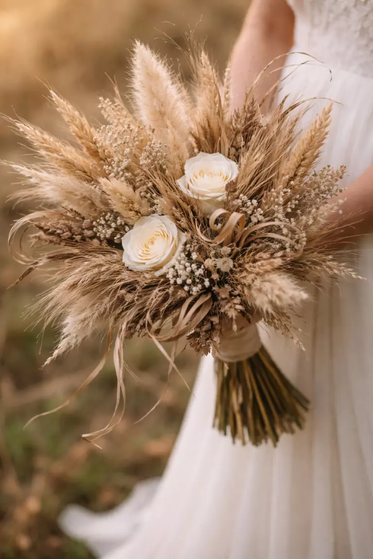 A realistic photo of a bridal bouquet made of wheat, reeds, and twisted dried grasses with ivory flowers, textured and organic, earthy tones, soft natural outdoor light.
