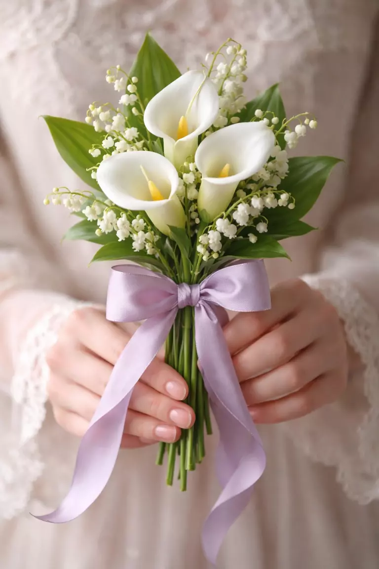 A realistic photo of a petite bundle of white calla lilies and lily of the valley, styled in a vintage Victorian manner with a modern lavender ribbon, held by delicate hands.