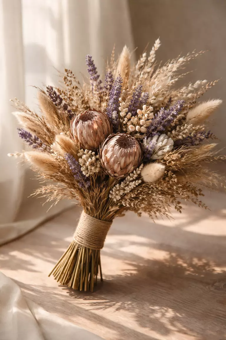 A realistic photo of a wedding bouquet made of dried protea, lavender, and foraged grasses, eco friendly and textured, earthy neutral tones, sun drenched studio light.