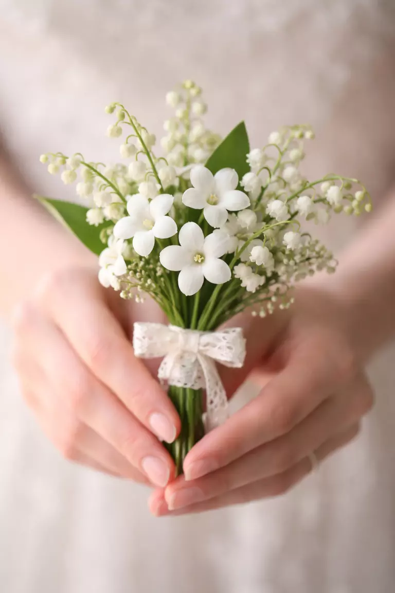 A realistic photo of an extremely small and delicate wedding posy of white stephanotis and lily of the valley, vintage style, held in a simple way, soft focus background.