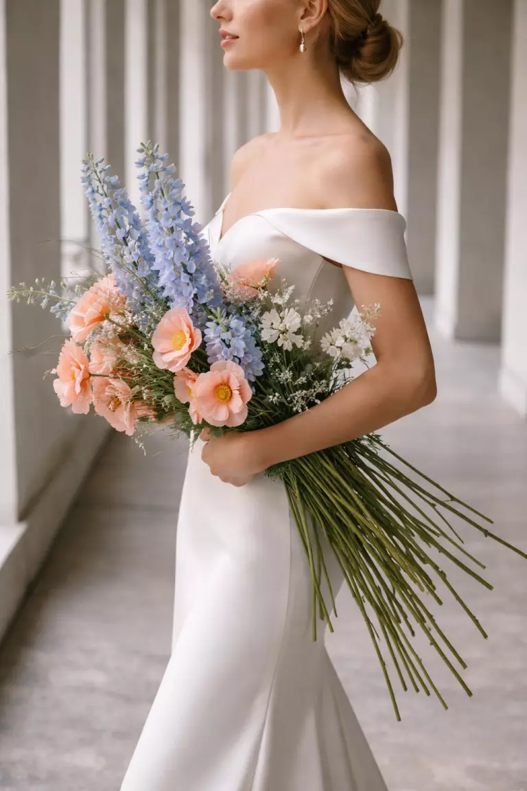 A realistic photo of a bride carrying long stem poppies and delphiniums in the crook of her arm, featuring very long visible stems, architectural style, sleek modern wedding gown in the background.