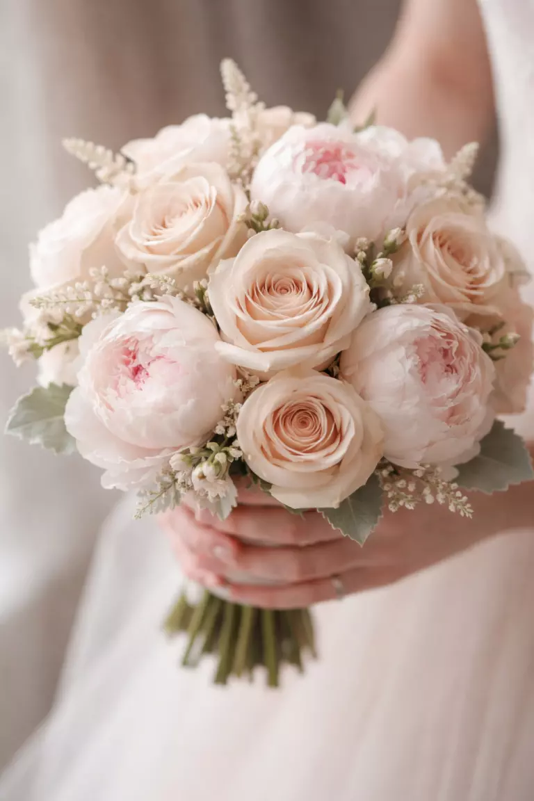 A realistic photo of a small tight wedding posy featuring champagne roses and light blush peonies, romantic monochromatic colors, elegant and intimate.