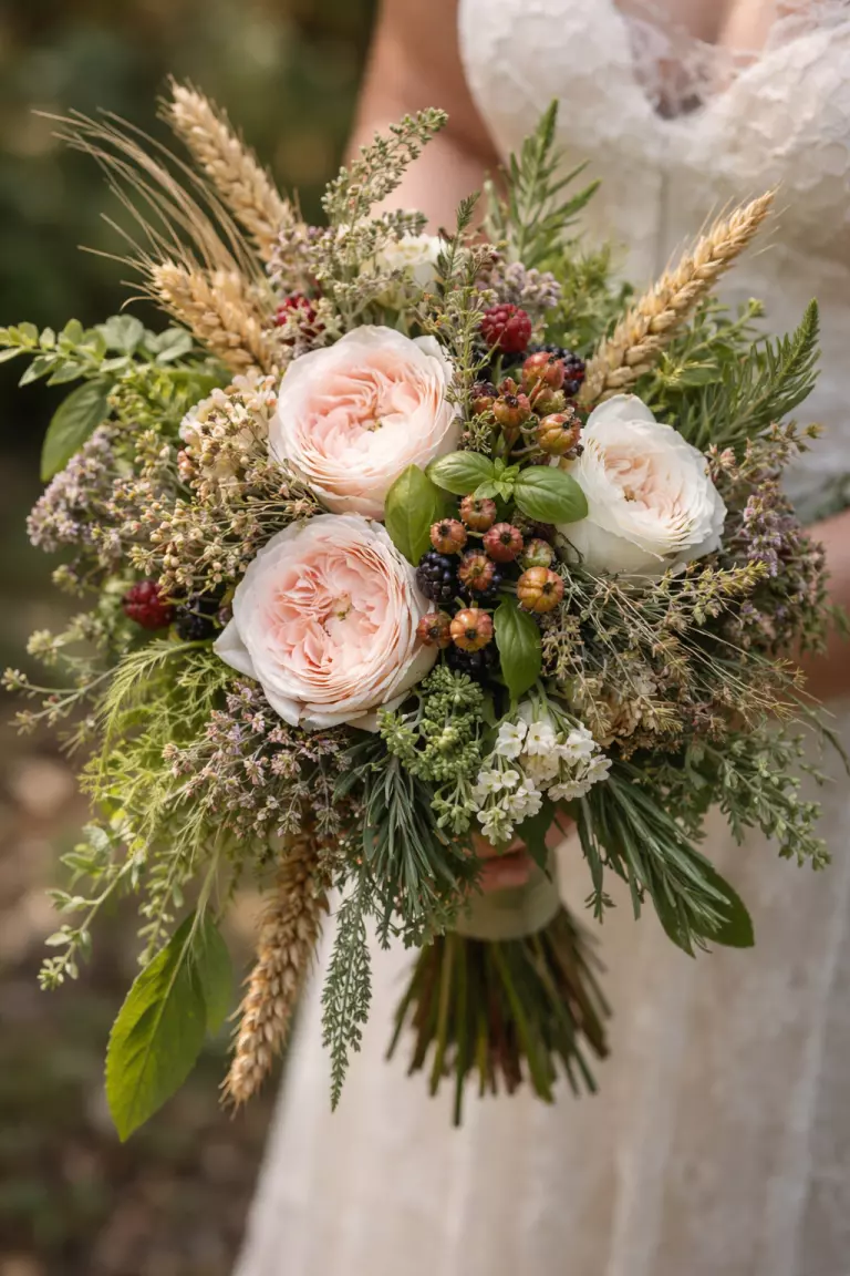 A realistic photo of a wedding bouquet mixing garden roses with fresh herbs, berries, and sprigs of corn, rustic and sustainable, unpolished garden style.