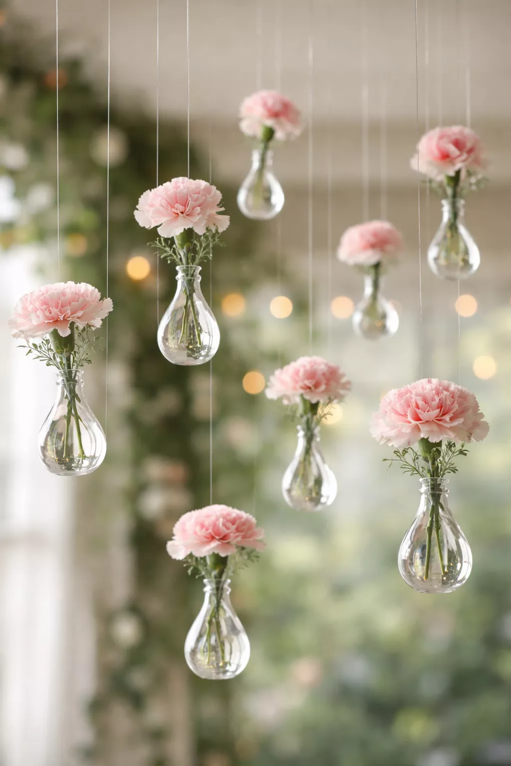 Suspended Vase Centerpieces A realistic photo of several small clear glass bud vases hanging from a ceiling at different heights using invisible fishing line, each containing a single pink carnation.