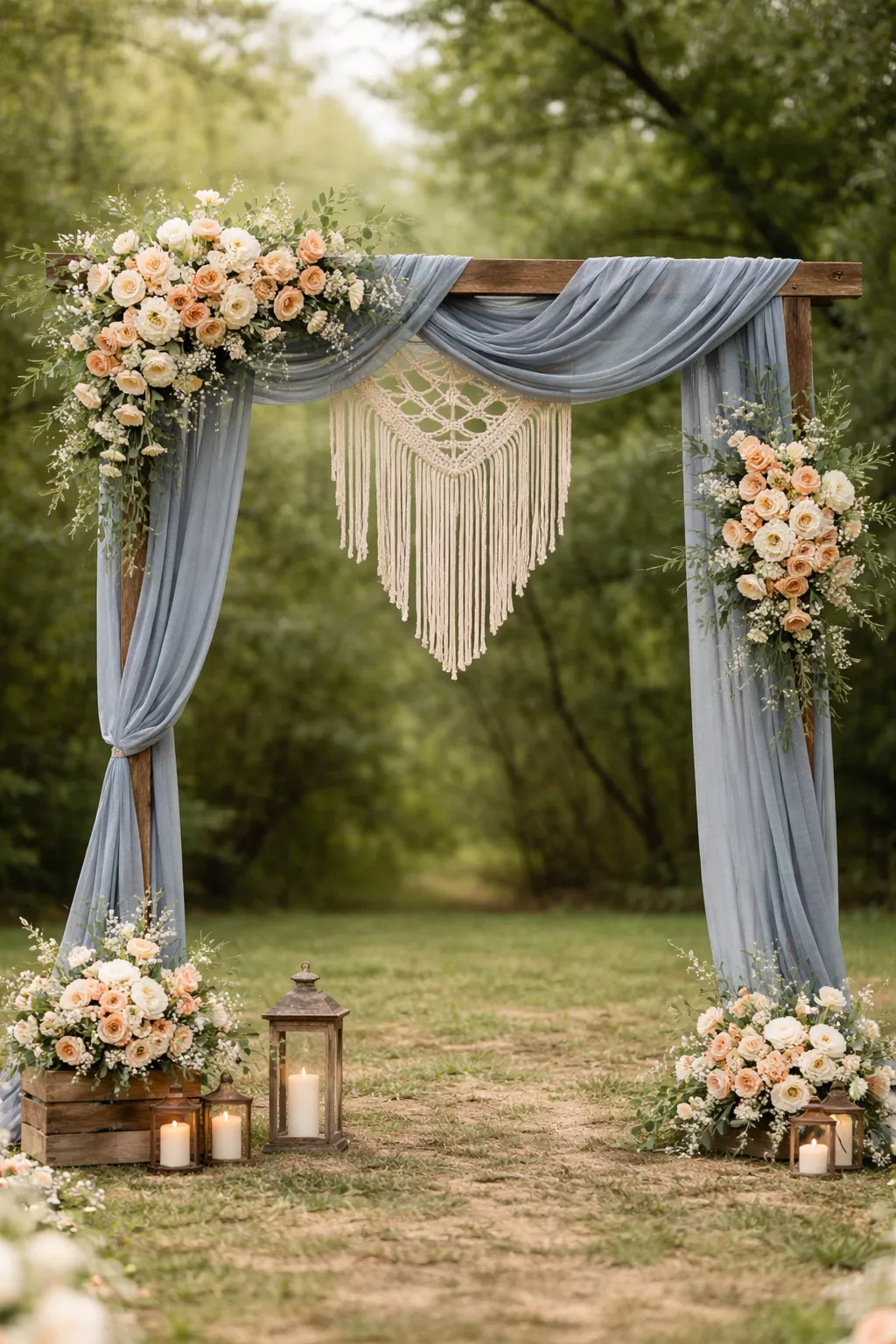 A realistic photo of a wooden wedding arch draped with dusty blue linen fabric and decorated with peach and white flowers and macrame accents