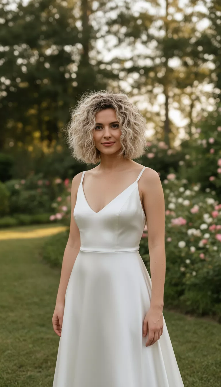 casual photo of a 28-year-old bride wearing a simple silk wedding gown with voluminous textured beach waves on short hair, shot with an iPhone 15 Pro Max