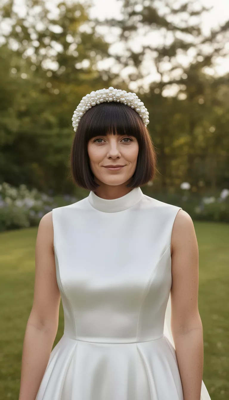 casual photo of a 35-year-old bride wearing a high-neck satin wedding dress with a chin-length straight bob and a thick pearl headband, shot with an iPhone 15 Pro Max