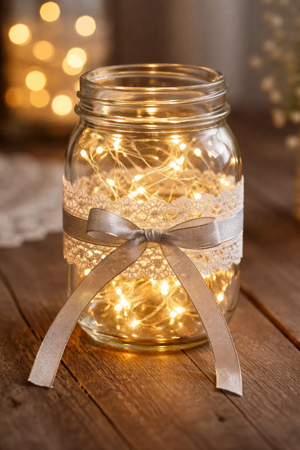 Fairy Light Mason Jars A realistic photo of a glass mason jar containing a warm white battery fairy light string, with the jar wrapped in delicate white lace and a silver ribbon.