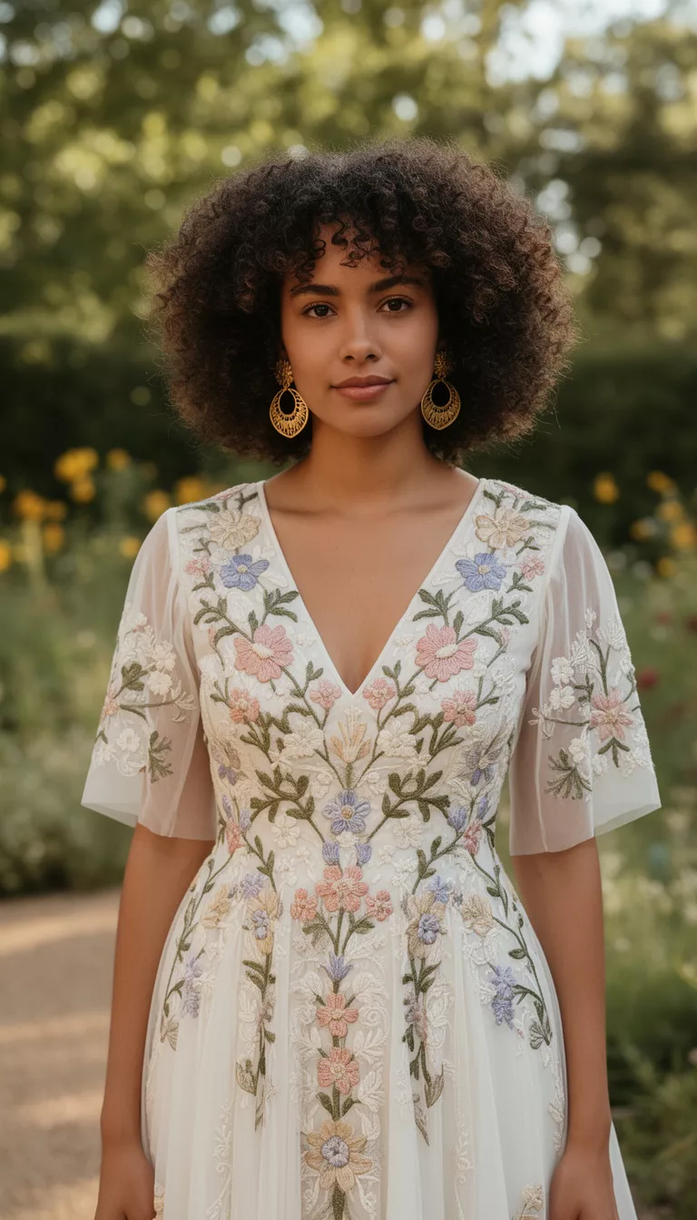 casual photo of a 31-year-old bride wearing a bohemian embroidery wedding dress with short natural curls and bold gold earrings, shot with an iPhone 15 Pro Max