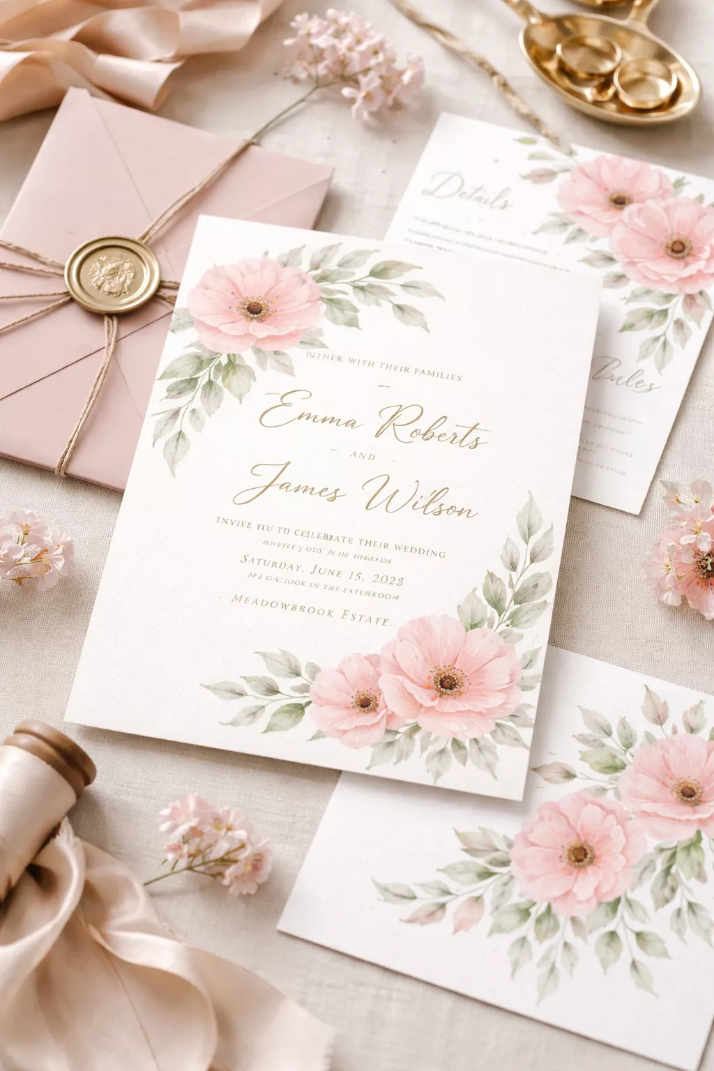 A realistic photo of botanical wedding invitations featuring watercolor pink poppies and green leaves on thick cream-colored paper.