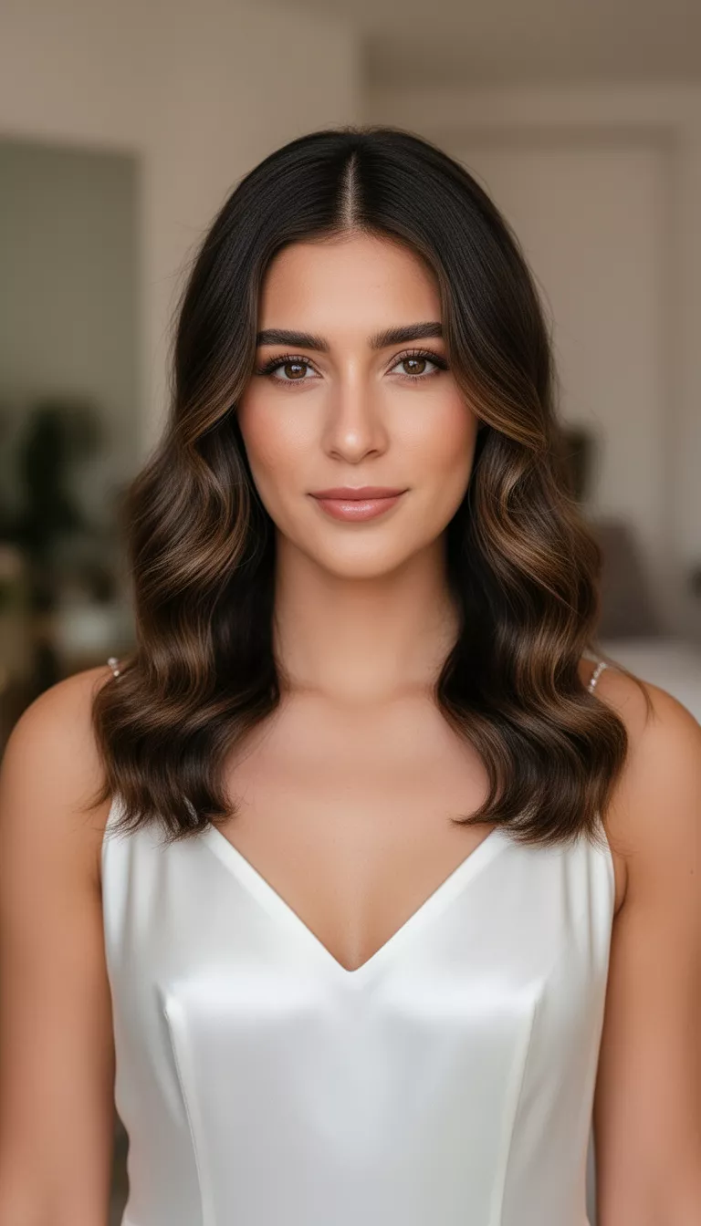 close-up casual photo of a 26-year-old bride wearing a modern slip dress with glossy center-parted waves, shot with an iPhone 15 Pro Max