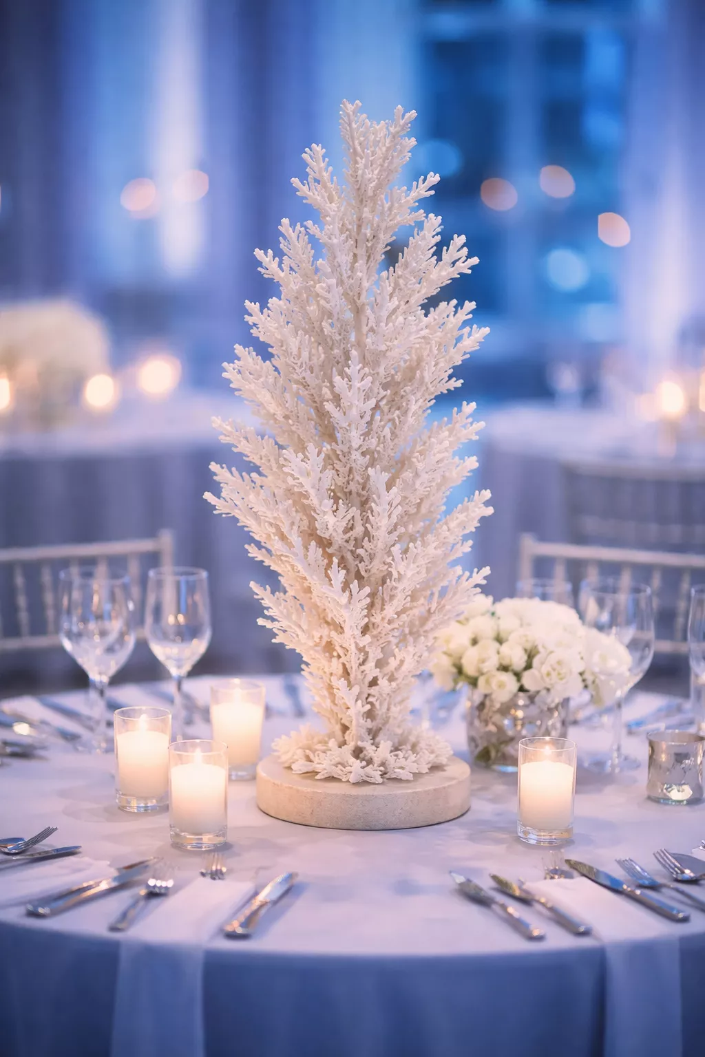 A realistic photo of a tall white coral sculpture centerpiece on a round table with soft blue lighting.