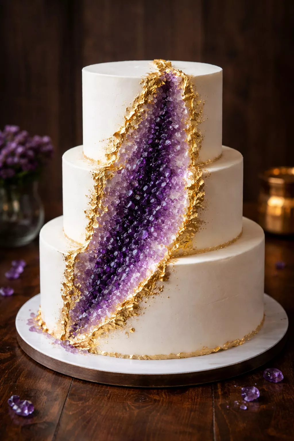 Glimmering Geode Cake A realistic photo of a tiered white cake with a large vertical geode cutout filled with purple rock candy crystals and gold luster dust, on a dark wooden table.