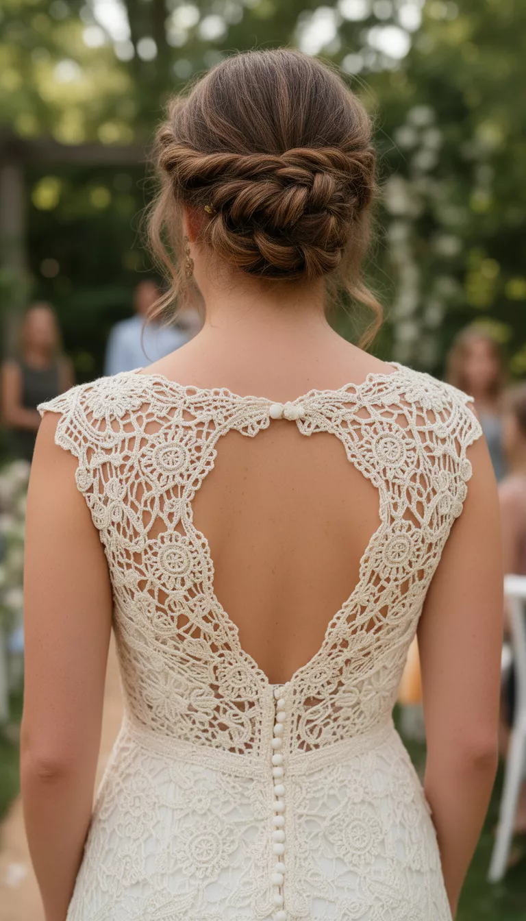 close-up photo of a 34-year-old bride wearing a cream crochet wedding dress with a low braided chignon, back view, shot with an iPhone 15 Pro Max